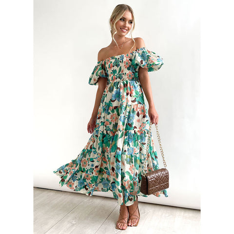 Off Shoulder Puff Sleeve Midi Dress
