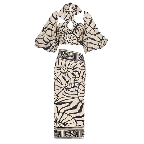 Detachable Puff Sleeves Printed High Waist Bikini Swimsuit and Skirt