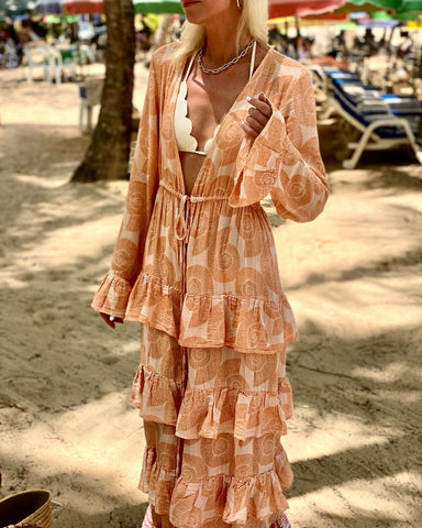 Vacation V Neck Lace Up Ruffle Dress