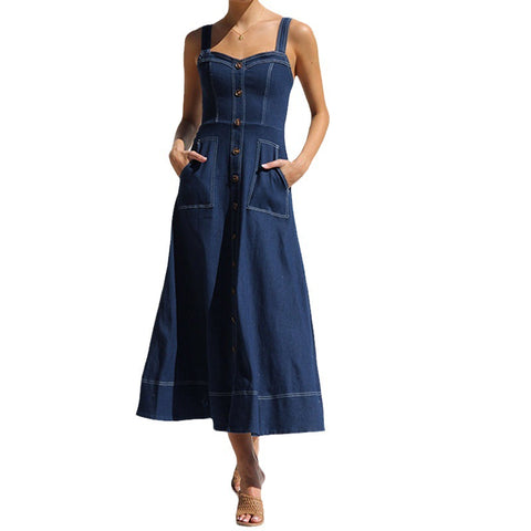 Buttons Sling  Dark Blue Denim Dress