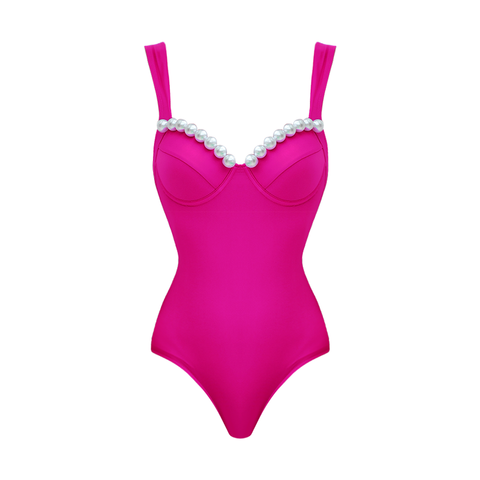 Sling Artificial Pearl Decor Pink One Piece Swimsuit and Skirt