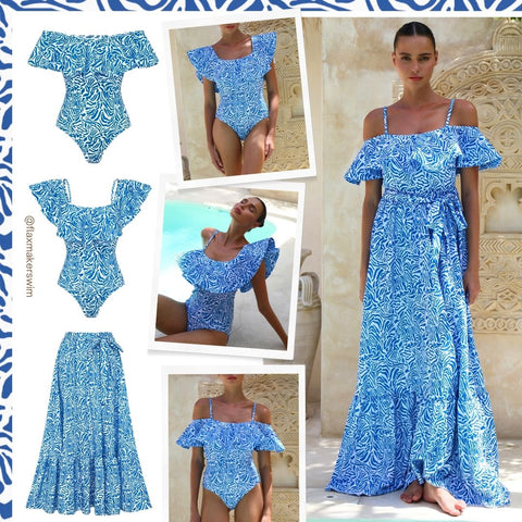 Ruffle Printed One Piece Swimsuit and Skirt	