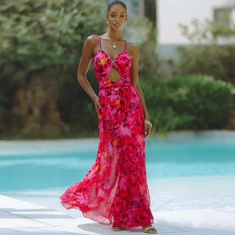 Red Flowers Printed Hollow One Piece Swimsuit and Skirt	