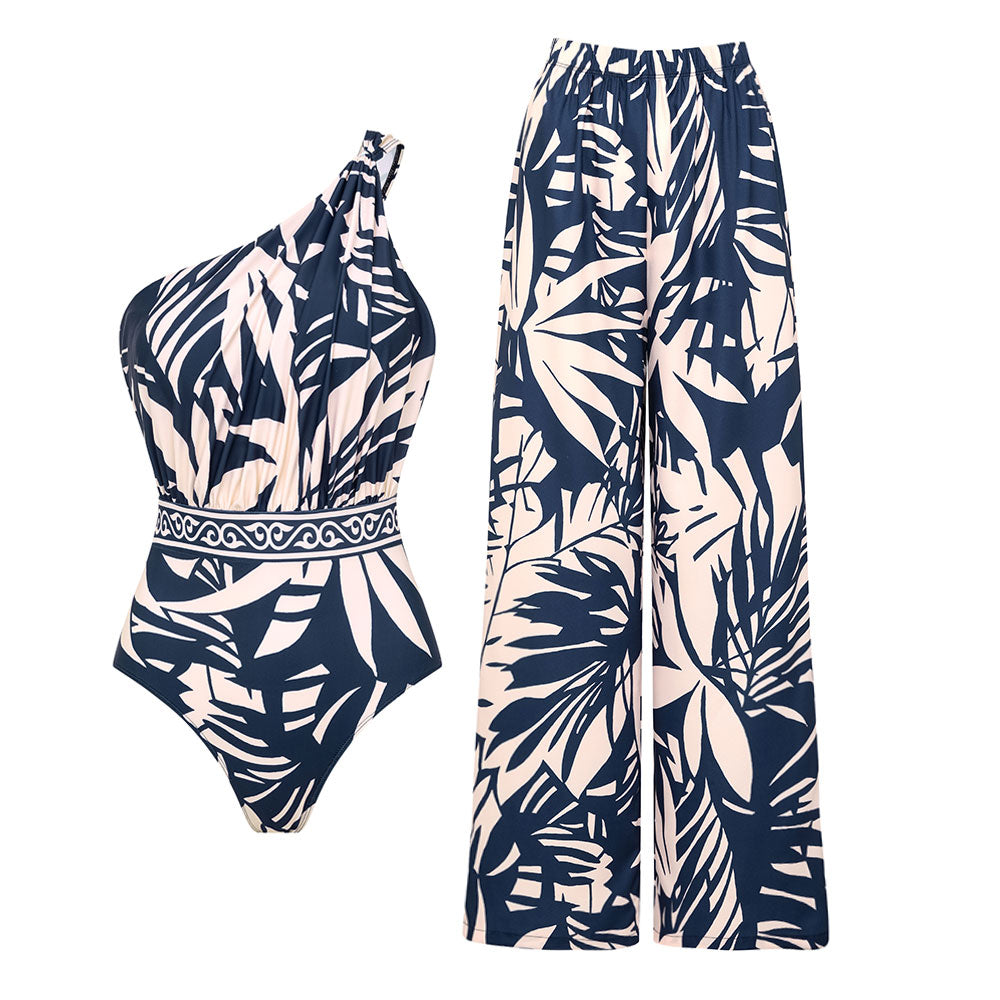 One SHoulder Leaves Print One Piece Swimsuit and Pants	