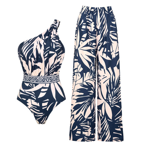 One SHoulder Leaves Print One Piece Swimsuit and Pants	