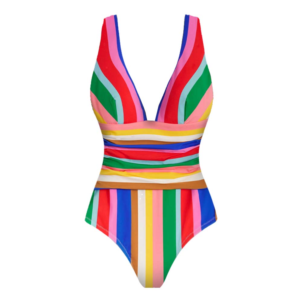 Colorful Stripe Print V-neck One Piece Swimsuit and Skirt	