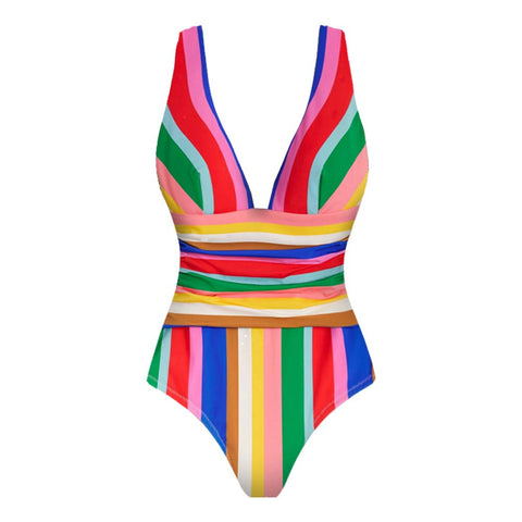 Colorful Stripe Print V-neck One Piece Swimsuit and Skirt	