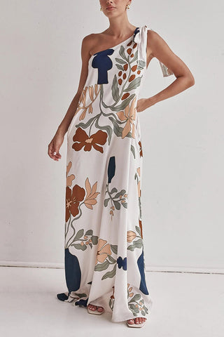 Oblique Shoulder  Printed Dress