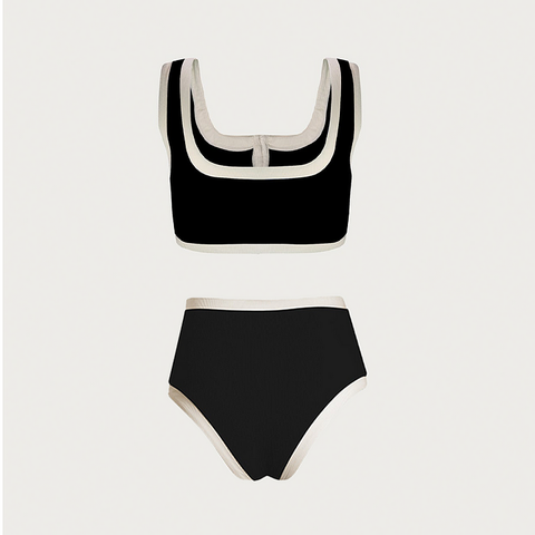 Button Detail Black and White High Waist Bikini Swimsuit