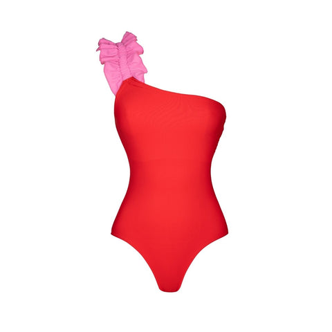 One Shoulder Color Block One Piece purple	