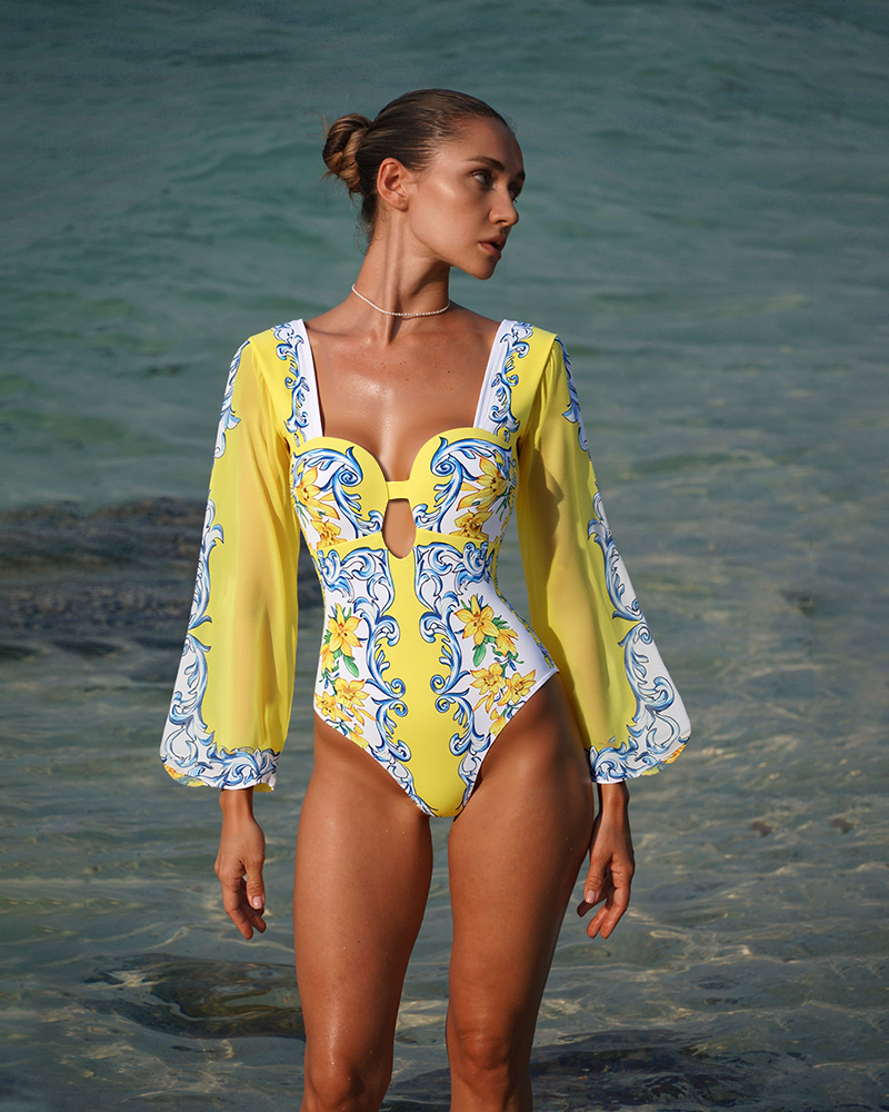 Printed Sicily Long Sleeved One Piece Swimsuit and Skirt	