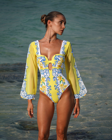 Printed Sicily Long Sleeved One Piece Swimsuit and Skirt	