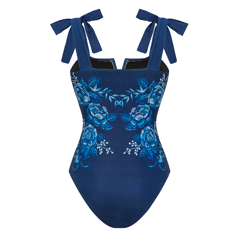Embroidery Printed Bowknot Shoulder One Piece Swimsuit and Skirt	