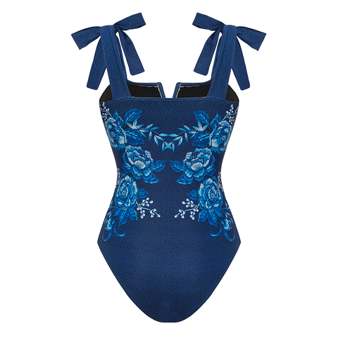 Embroidery Printed Bowknot Shoulder One Piece Swimsuit and Skirt	
