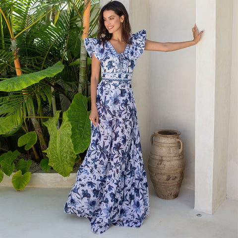 V Neck Ruffle Lace Up Printed One Piece Swimsuit and Skirt