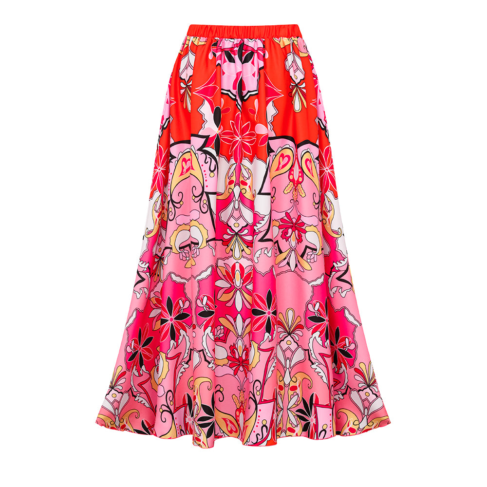 Ruffle Sleeves Red and Pink Pattern One Piece Swimsuit and Skirt	