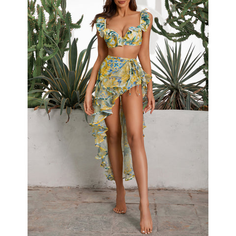 Lemon Print Ruffle Strap Bikini Swimsuit and Mesh Splicing Sarong