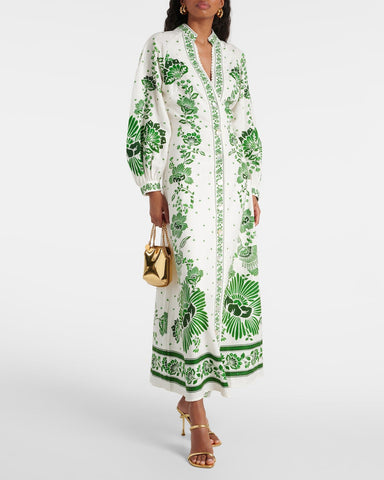 V Neck Retro Printed In Green Dress