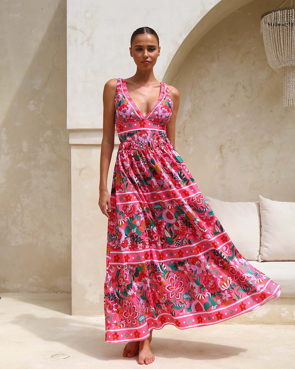 Pink Floral Paradise Print V-neck One Piece Swimsuit and Skirt	