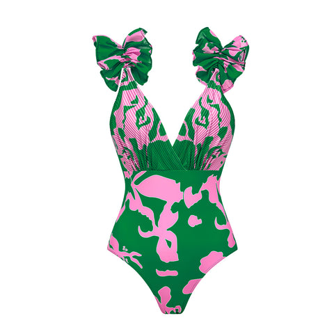 Ruffled Strap Printed One Piece Swimsuit and Skirt