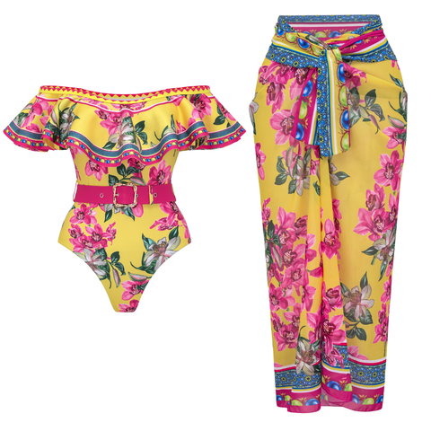 Bandeau Ruffled Orchid Print One Piece Swimsuit and Skirt	