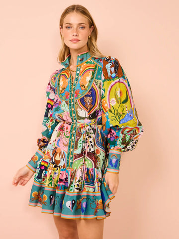 Lace up Printed Lantern Long Sleeve Mini Dress