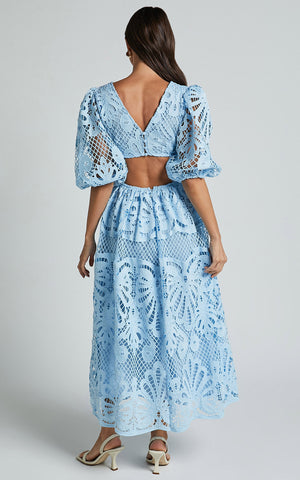 V Neck Puff Sleeve Lace Dress