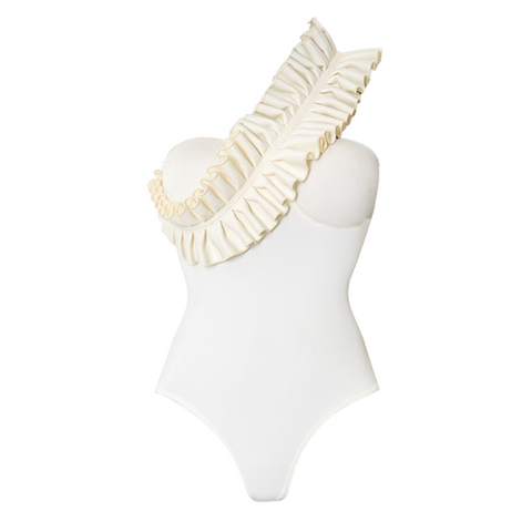 One Shoulder Ruffle White One Piece Swimsuit and Skirt