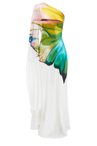 Oblique Shoulder Papillon Print Dress