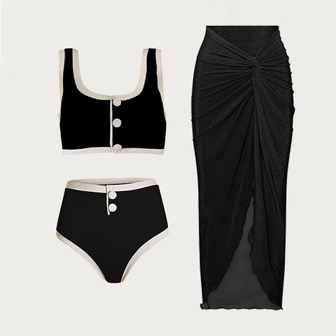 Button Detail Black and White High Waist Bikini Swimsuit
