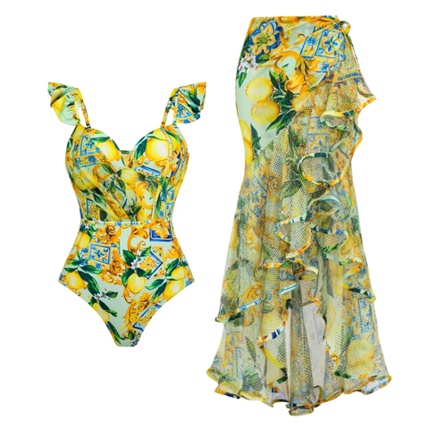 Ruffle Starp Push Up Lemon Print One Piece Swimsuit and Mesh Panel Sarong