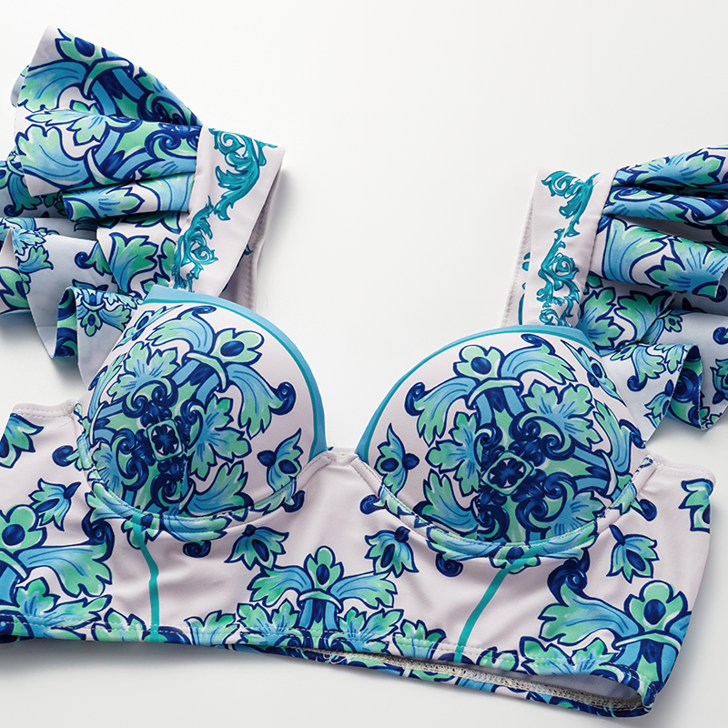 Ruffle Majolica Print Bikini Swimsuit and Sarong or Pants	