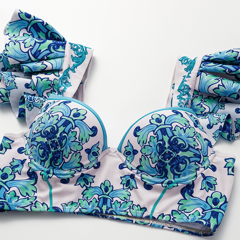 Ruffle Majolica Print Bikini Swimsuit and Sarong or Pants	