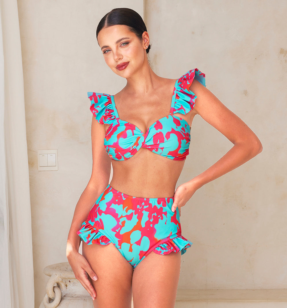 Printed Ruffle Bikini Swimsuit and Skirt	
