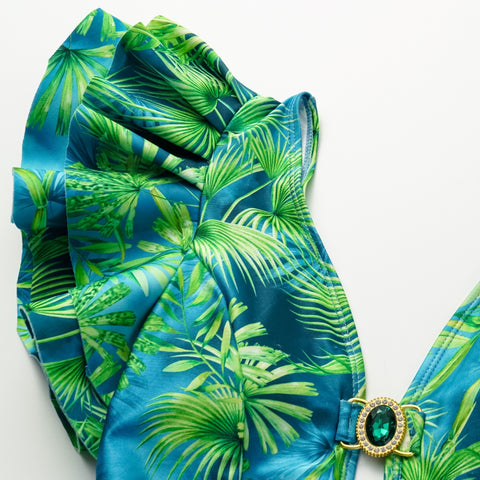 Ruffled Jungle Green Print One Piece  Swimsuit and Skirt	