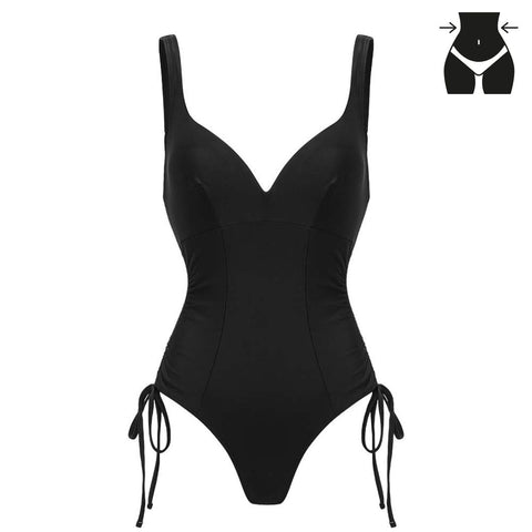 V-Neck Side Seam Drawcord Body Shaping Tummy Control One-Piece Swimsuit