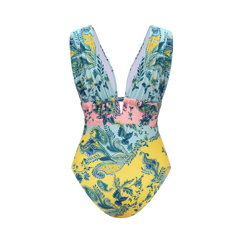 Color Block Printed One Piece Swimsuit and Skirt