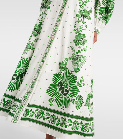 V Neck Retro Printed In Green Dress