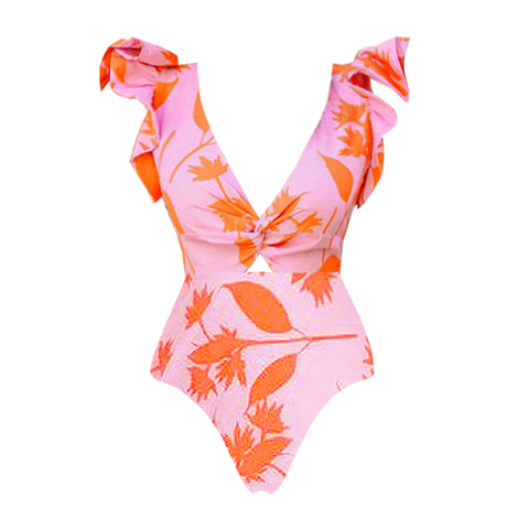 Ruffled V Neck Pink One Piece Swimsuit and Side Slit Skirt Flaxmaker