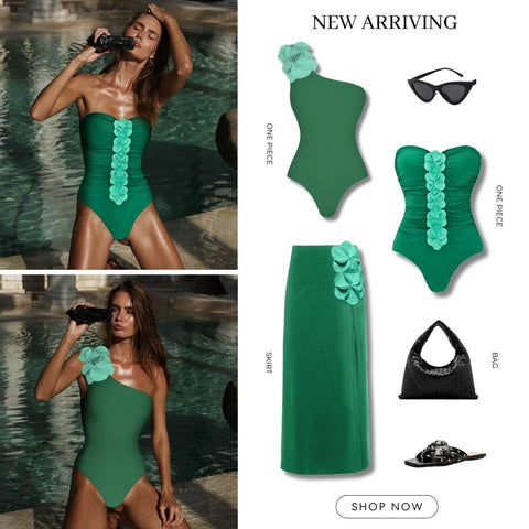Bandeau 3D Flower One Piece Swimsuit and Skirt