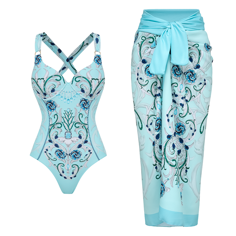 Sling Blue Jewelry Series Pattern Print One Piece Swimsuit and Skirt or Sarong	