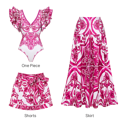 Classic Majolica Series Pattern Print One Piece Swimsuit and Skirt or Shorts