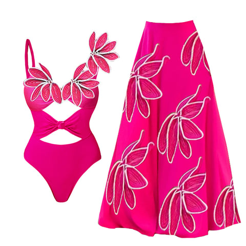 3D Flower Hot Pink Cutout One Piece Swimsuit and Skirt