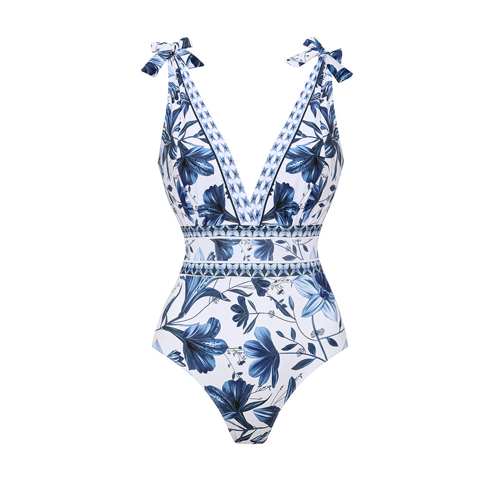 V Neck Lace Up Printed One Piece Swimsuit and Skirt	