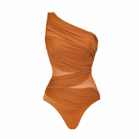 One Shoulder Ruched Rust See Through One Piece Swimsuit and sarong