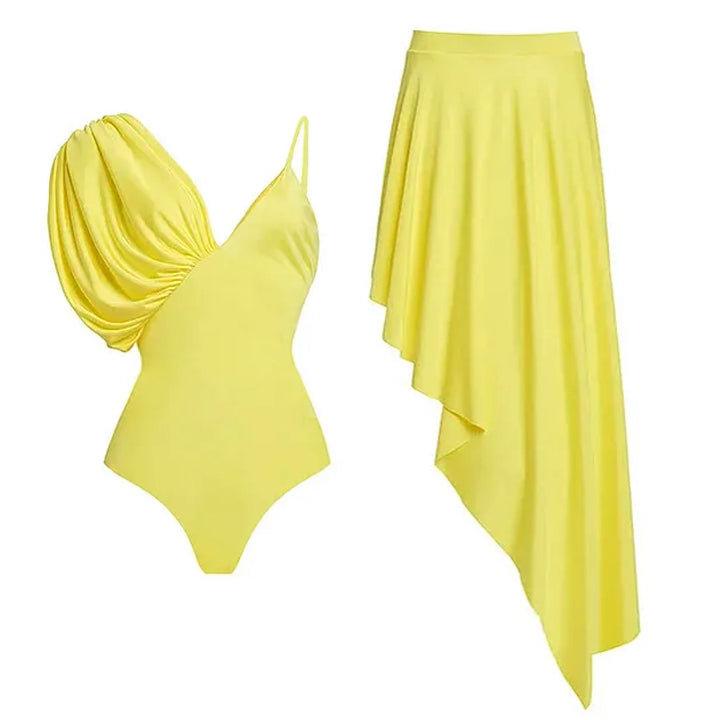 Asymmetrical Sling Solid Color One Piece Swimsuit and Skirt