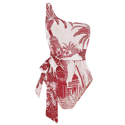 One Shoulder Coconut Palm Print One Piece Swimsuit and sarong