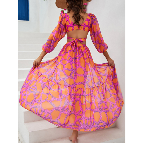 Long Sleeve V Neck Printed Bikini Swimsuit and Skirt Flaxmaker	