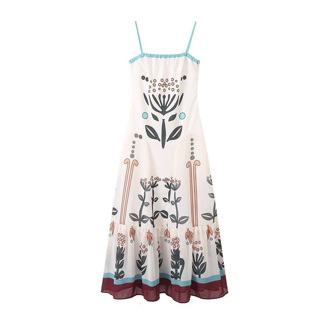 Ruffle Retro Printed Sling Dress