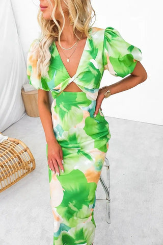 Puff Sleeve Cutout Blossom Printed Dress